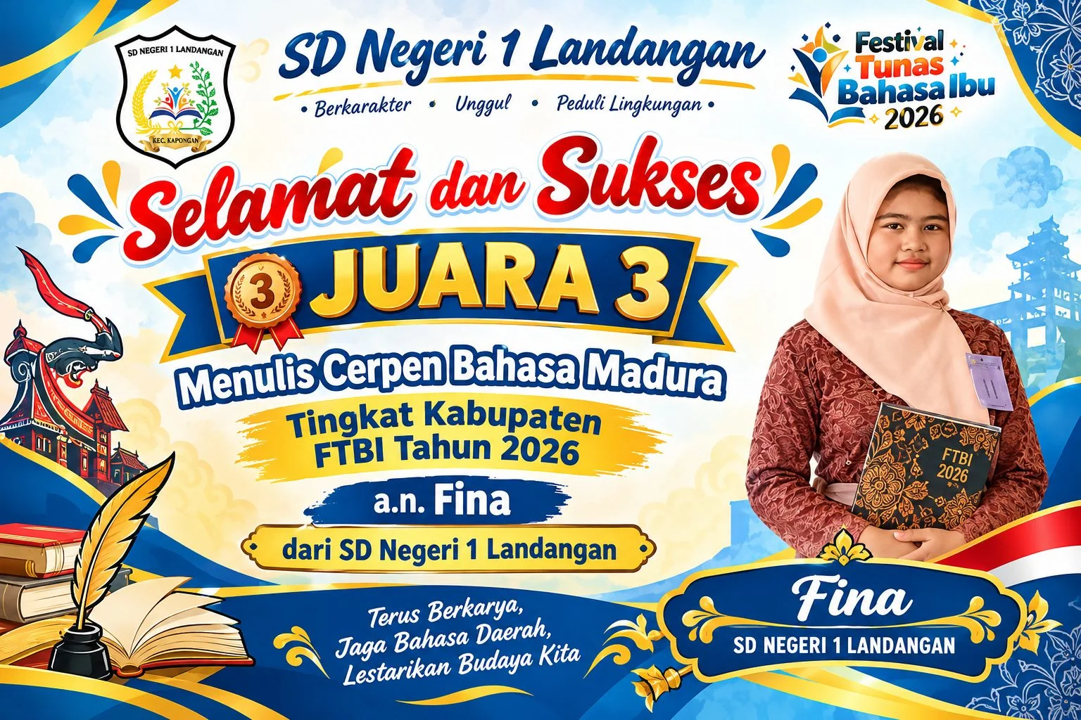 Juara 3 Lomba Menulis Cerpen Bahasa Madura FTBI Tingkat Kabupaten
